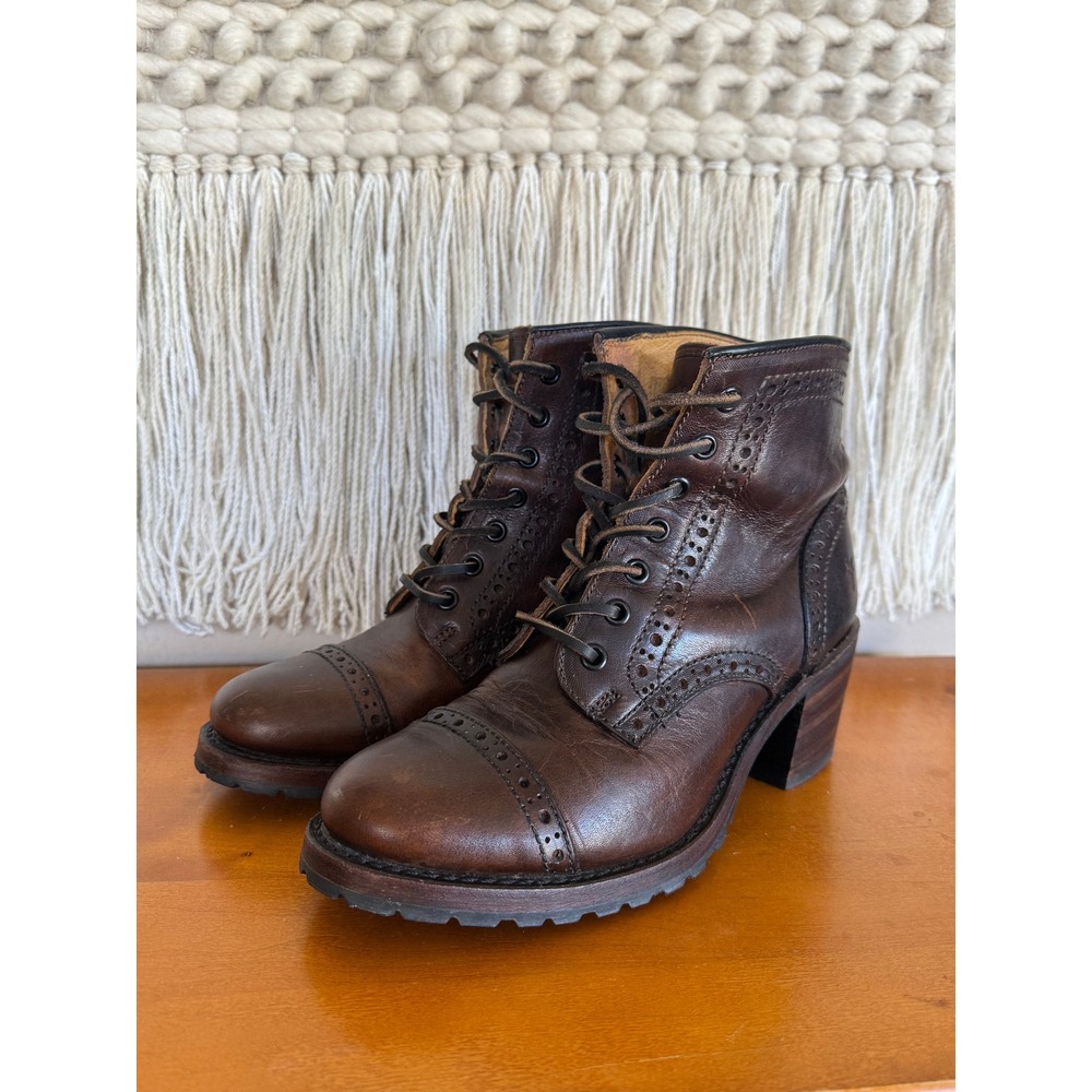 90s Vintage Frye Sabrina Brogue Brown Leather Lace Up Block Heel Ankle Boots 8.5
